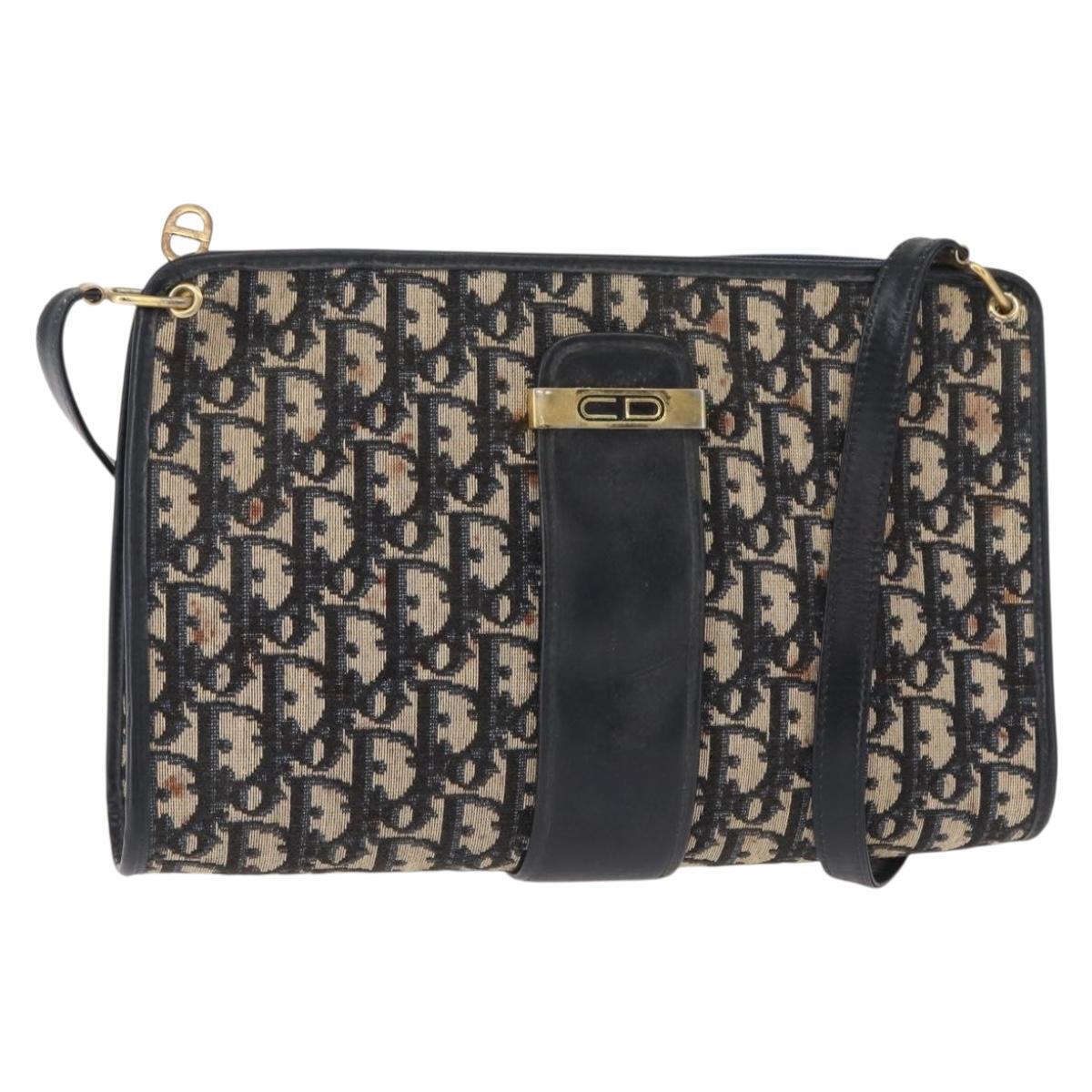 Christian Dior Trotter Canvas Shoulder Bag Navy Gold Auth 150350